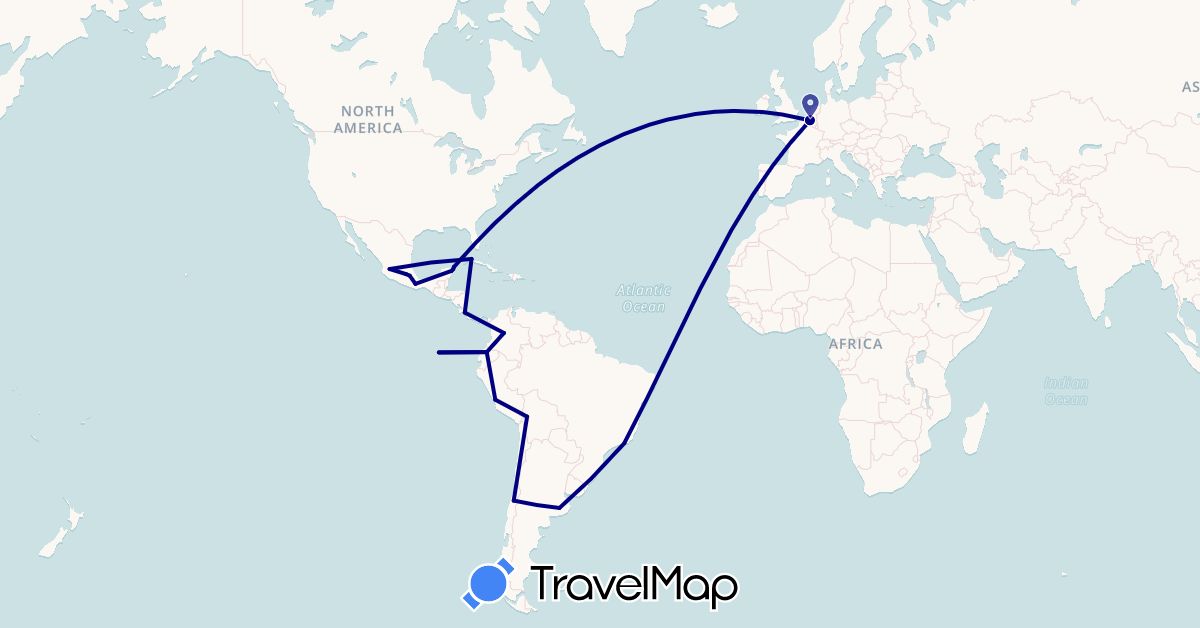 TravelMap itinerary: driving in Argentina, Belgium, Bolivia, Brazil, Chile, Colombia, Costa Rica, Cuba, Ecuador, Mexico, Peru (Europe, North America, South America)